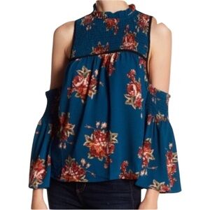 LAST ONE! NWT MOD Cold Shoulder Top in Teal Blue Ditsy Floral Print